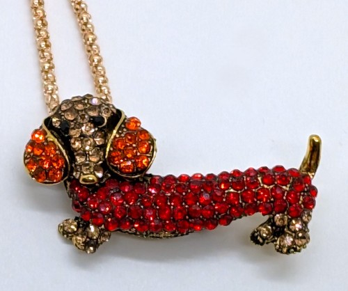 Cute! Betsey Johnson Red Orange Brown Crystal Dachshund Dog Brooch Necklace! - Picture 15 of 16