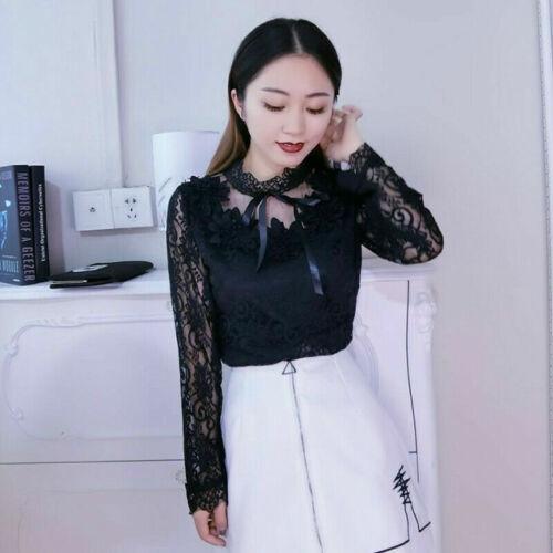 Mujeres Encaje Floral Mangas Largas Malla Falsa Cuello Delgado Camiseta Informal Blusa Elegante - Imagen 11 de 14