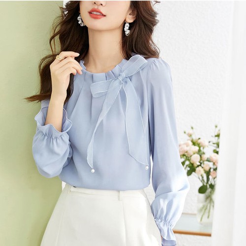 Hot Damen Langarm O-Kragen plissiert Chiffon Pullover Shirt Bluse Tops Party - Bild 3 von 13