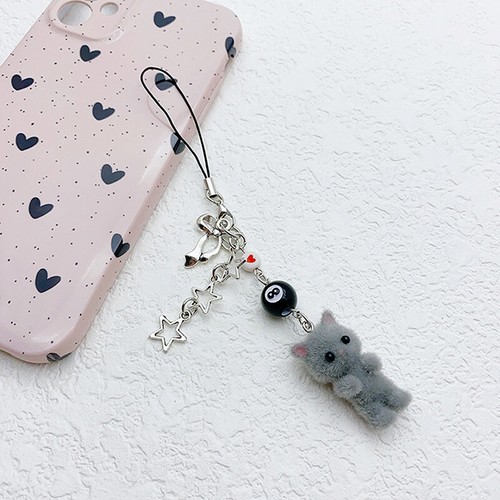 Flocking Cat Phone Chain Furry Kitten Key Chain Earphone Case Lanyard Bag Decor - 第 6/10 張圖片