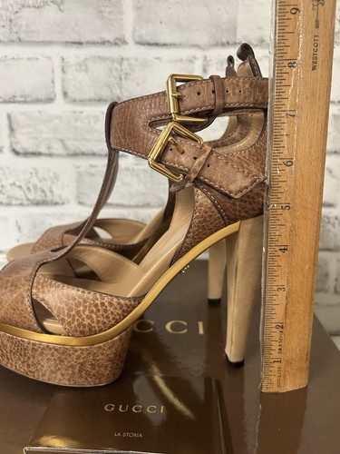 Gucci Lifford sandali donna taglia 9 cinturino a T pelle tacco vintage marrone oro - Foto 8 di 23