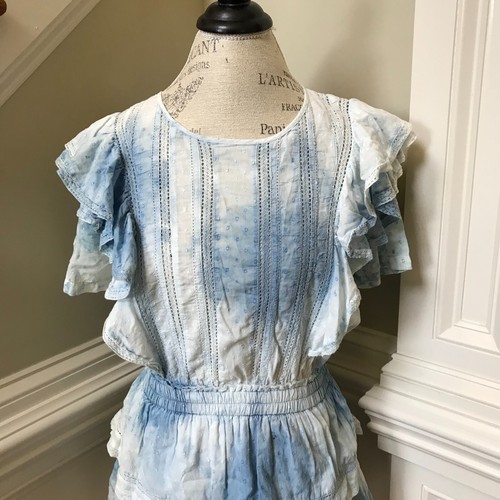 LoveShackFancy Natasha Mini Dress Womens Medium Blue White Tie Dye Ruffle Cotton - Picture 3 of 10