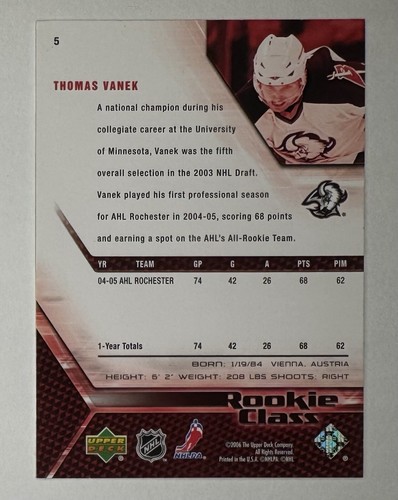 Clase de novato Upper Deck 2005-06 - Thomas Vanek #5 (RC) - Imagen 2 de 3