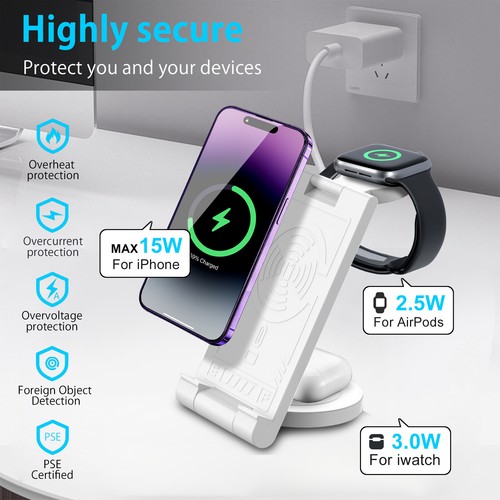 Wireless Charger Ladegerät Ladestation 3 in 1 Für Apple Watch Airpods iPhone - Zdjęcie 7 z 8
