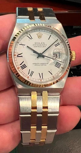 ROLEX VINTAGE Oysterquartz 17013 36MM White Roman Numeral Dial Buckley 18K Gold