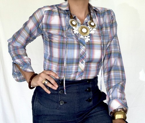 Vintage 60s/70s Polyester Plaid Button Shirt Academia Secretary Geek MCM - Picture 10 of 11