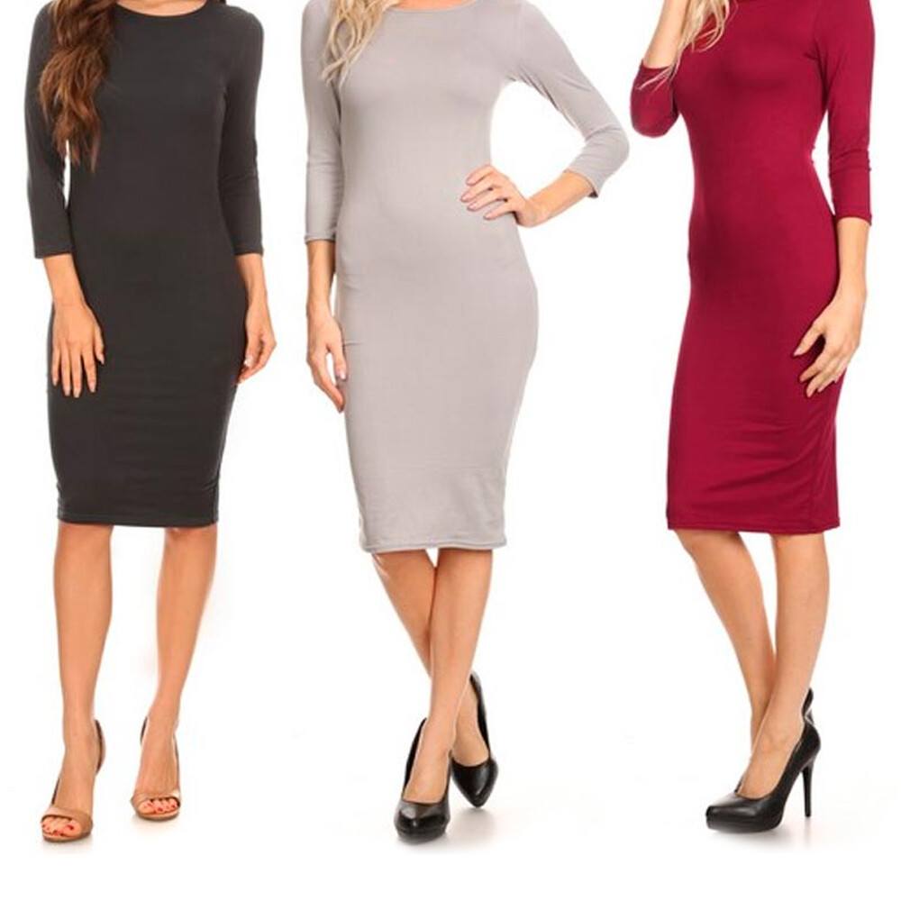 Women Cocktail Bodycon Dress Casual Party Long Sleeve Stretch Pencil Midi S M L