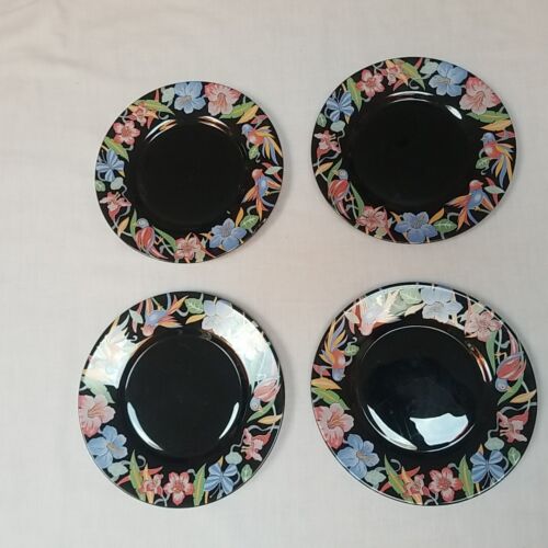 Arcoroc Plates Arcoroc France black floral ceramic plates blue bird plates x 4 - Picture 2 of 18
