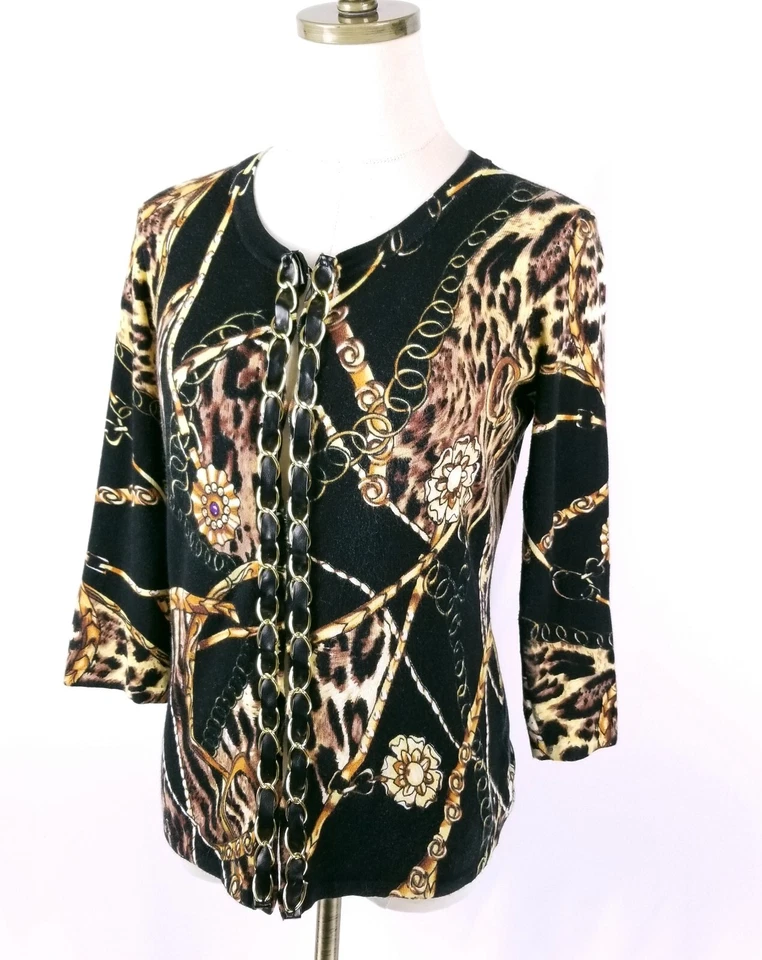 Cardigã Boston Proper suéter tamanho P preto padrão corrente correntes de couro sintético - Imagem 3 de 4