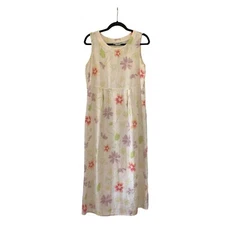 Multi Color Vintage Floral Sleeveless Linen Maxi Dress Pullover Summer SZ 8