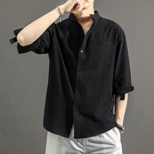 Men Cotton Linen Shirts Tops Stand Collar 3/4 Sleeve Casual Blouse Button - Picture 11 of 12