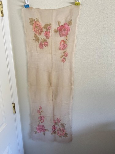 Antique Hand Rolled 100% Silk Scarf Pink Roses Dusty Rose Pinks and Beige - Picture 3 of 10