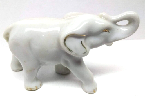 Estatuilla de elefante de 2" de cerámica blanca con adornos dorados ojos orejas pies tronco arriba - Imagen 2 de 4