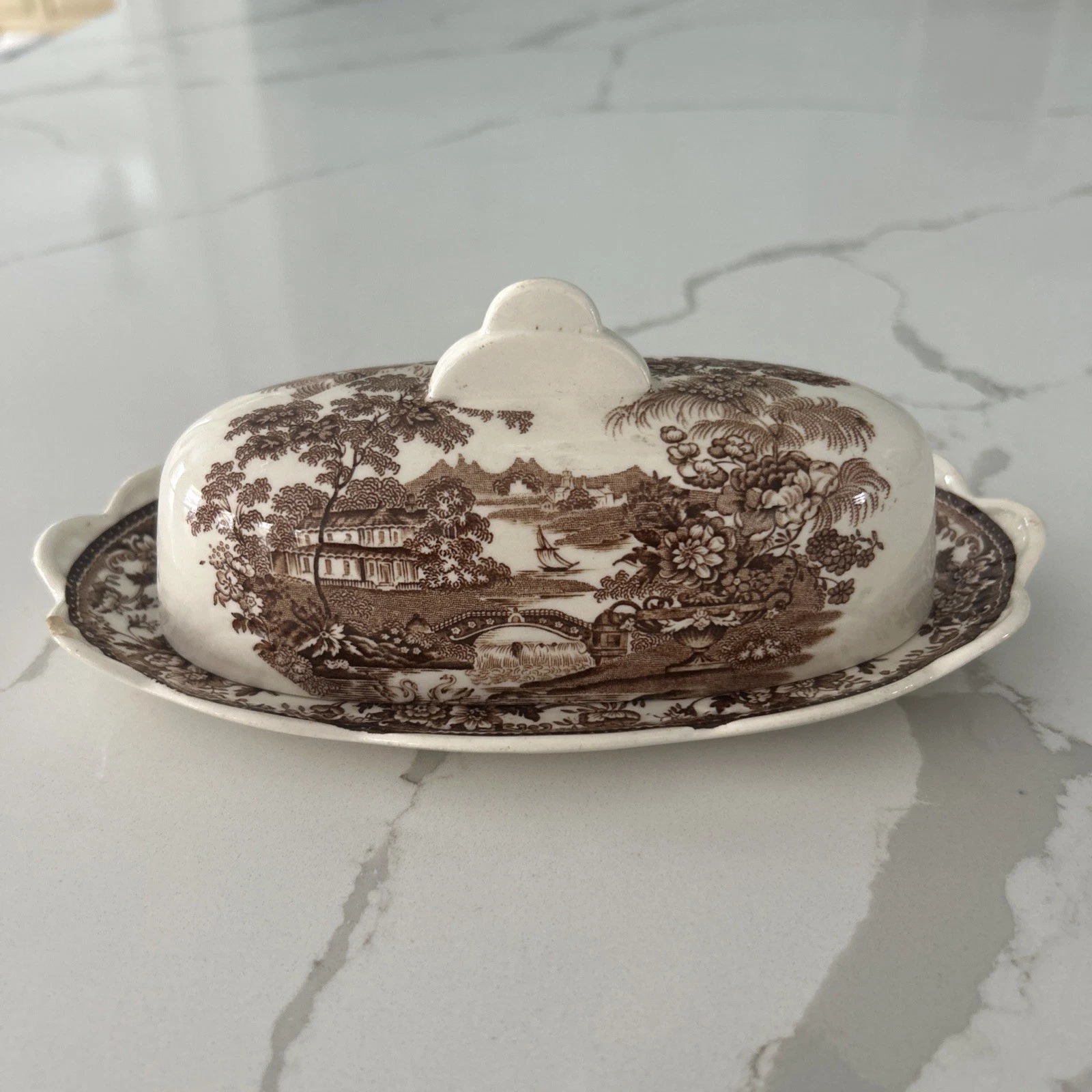 Vintage Staffordshire TONQUIN Clarice Cliff Butter Dish CHIP Brown