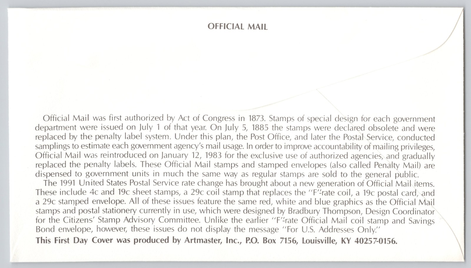 Seattle, WA Official Mail First Day, 29c Stamps, Modern 1991 Official Mail