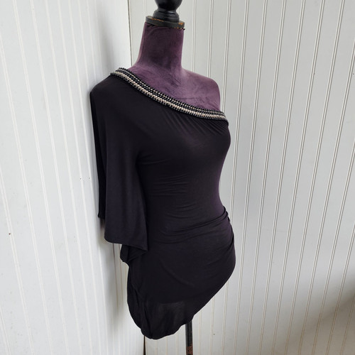 Bebe Damen Stretch Schwarz Perlen Asymmetrisch One Cold Shoulder Top Bluse XS - Bild 2 von 11