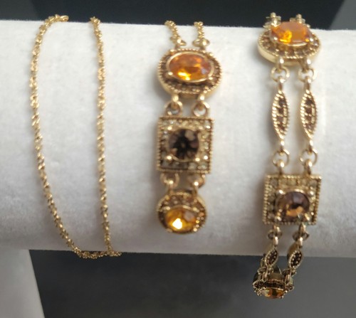 Premier Designs Gold Tone Necklace & Bracelet With Orange & Clear Rhinestones - Picture 11 of 12