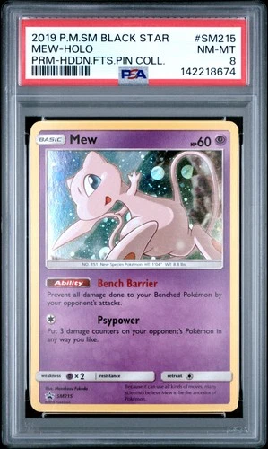 MEW HOLO SM215/68 HIDDEN FATES PIN COLLECTION SM BLACK STAR PROMO POKEMON PSA 8