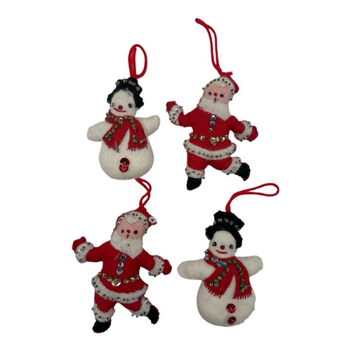 4 Vintage Handmade Sequin Felt Christmas Tree Ornaments Bucilla Santa Snowman