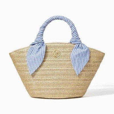 NWOT Lilly Pulitzer Malia Mini Straw Tote Gold Metallic + Blue Stripe Scarf