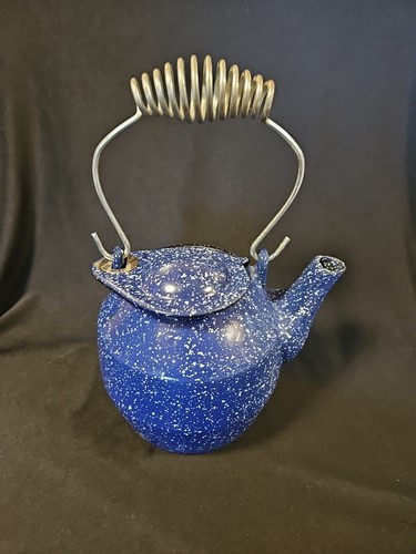 VTG L.L. Bean Cast Iron Enameled Blue Speckled Teapot Kettle Decor Collectible - Bild 4 von 10