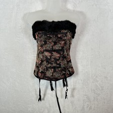 Frederick's of Hollywood Corset Bustier Womens 34 Brocade Faux Fur Garters Vtg