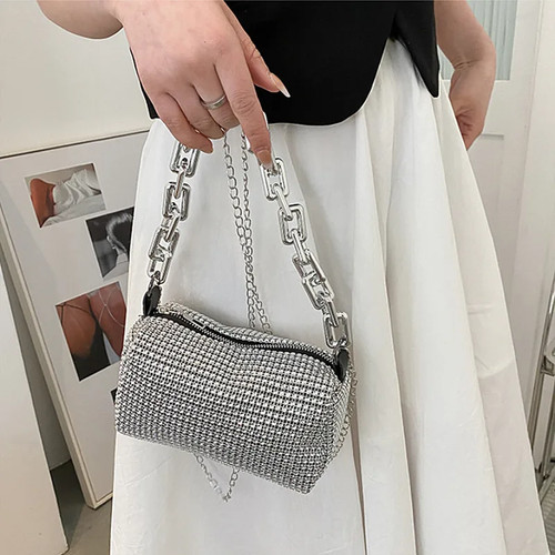 Bolso tipo cubo con diamantes de imitación, cartera de graduación con cadena brillante, mini bandolera para mujer - Imagen 12 de 26