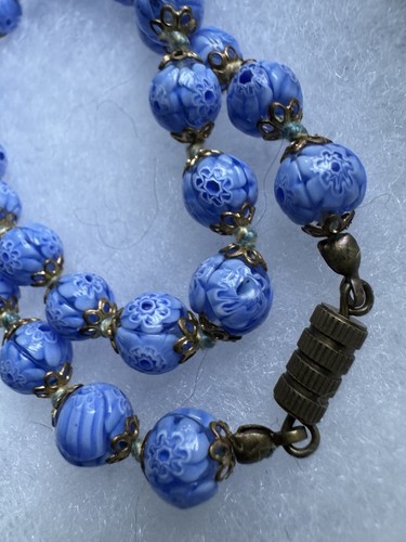 Vintage Venetian Millefiori Murano Art Glass Necklace 17” Blue White Flowers - Picture 4 of 7