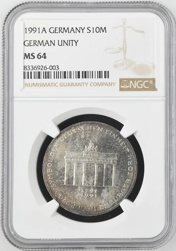 1991 GERMANY Silver 10 MARK NGC MS-64 GERMAN UNITY