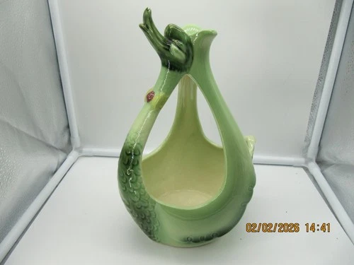 Vintage MCM Hull #413 SWAN / GOOSE W/Bow Tie Planter Light/Dark Green USA