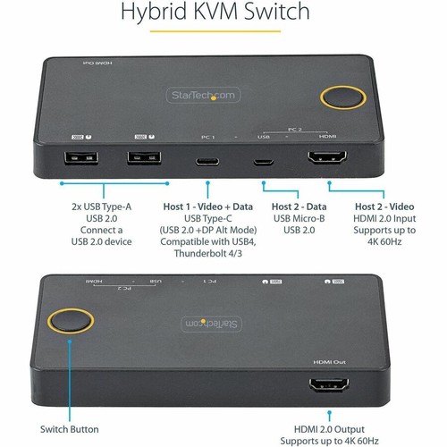 StarTech 2 Port Hybrid USB-A + HDMI & USB-C KVM Switch (sv221huc4k) - Picture 3 of 12