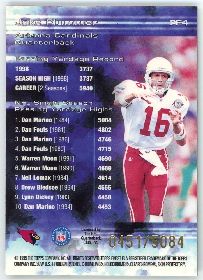 1999 Topps Finest Prominent Figures Jake Plummer Protector Seal #/5084 Refractor - Image 2 of 2