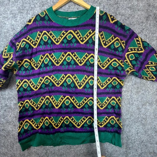 Vintage Zara Sweater Mens Large Green Purple Yellow 80s Artsy Mardi Gras Bold - Picture 5 of 5