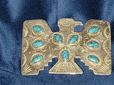 Vintage Native American Thunderbird Belt Buckle with Turquoise Inlay