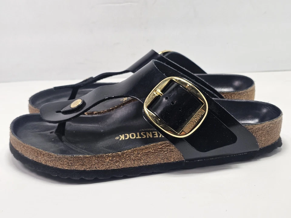 Босоножки Birkenstock Gizeh женские с большой пряжкой размер США 10 ЕС 41 черные кожаные золотистые слайды - Изображение 4 из 4