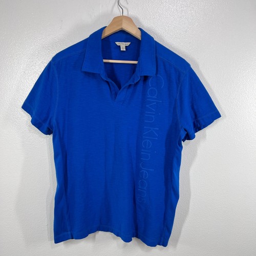 Calvin Klein Jeans Polo Shirt Mens XL Blue Cotton Short Sleeve Logo Vertical - Picture 2 of 8