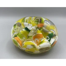 Maude Bob St. Clair Paperweight Glass Orange Green White Yellow Bubbles 1982