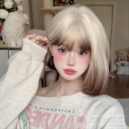 Harajuku Blonde Ombre Brown Wig Jellyfish Head Hime Cut Wig Role-playing - Picture 8 of 12