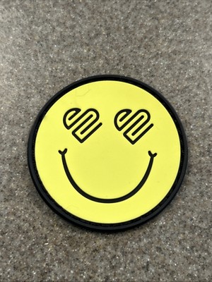 Rubber Sew On Patch Smiley Face Heart Eyes Yellow Black 2  Round