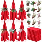 24 Pcs Christmas Napkins and Ring Set 12 Red Cloth Napkins and 12 Holder for ...