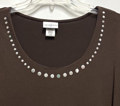 Brown Knit Top with Studded Neckline SIze Large Jaclyn Smith Stretch - Picture 2 of 2