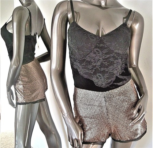 NWT-ONE CLOTHING BLACK VELVET STRETCH LACE GOLD SEQUIN SHORTS ROMPER SZ-S MSP$50 - Picture 1 of 12
