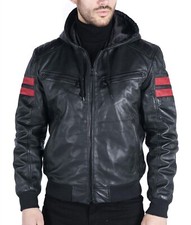 Men's Retro Black Real Leather Bomber Jacket with Hood Casual Biker Slim Fit