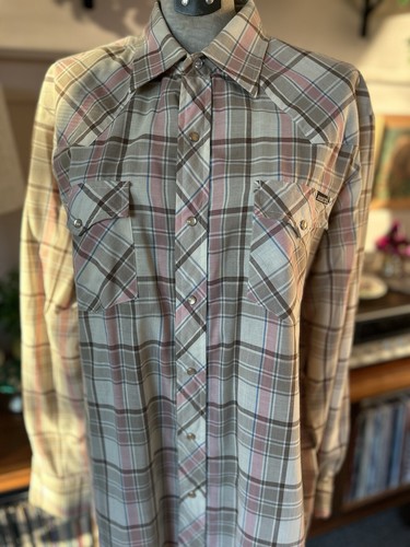 VTG Sears Roebucks Pearl Snap Cream Plaid Western Shirt Men's Large Pink White