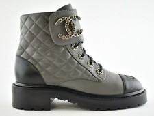 Chanel 21a Grey Black Quilted Cc Chain Combat Lace Up Tie Ankle Short Boots 38