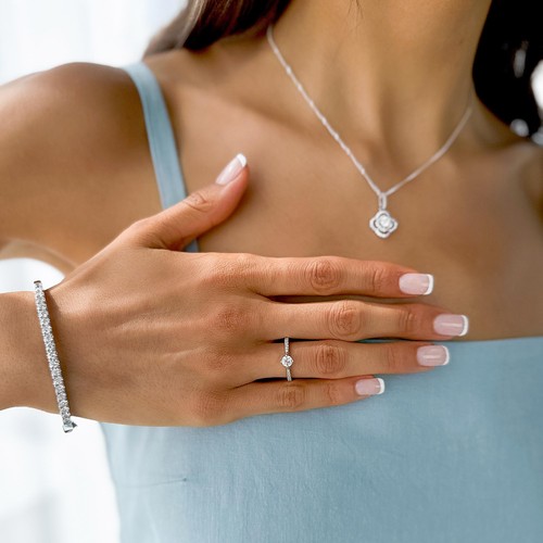 Anello di fidanzamento pavimentazione diamantata 0,48 CT rotondo SI1 G Oro bianco 14K - Foto 4 di 5