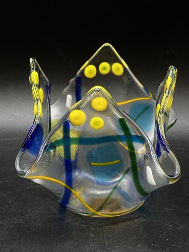 Yellow Blue & Clear Fused Art Glass Handkerchief Votive Tea Light Candle Holder - Picture 9 of 12