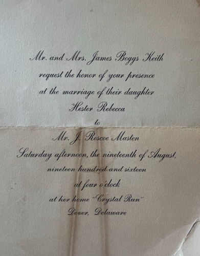 Dover Delaware Wedding Invitation Hester Boggs Keith to J. Roscoe Masten 1916 - Picture 1 of 2