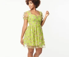 Smak Parlour Avocado & Pink Strawberry Print Woodstock Flare Dress Pinup Size M