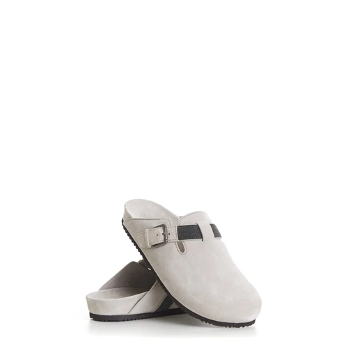 BRUNELLO CUCINELLI 1200$ Light Grey Suede Clogs - Monili Embellished Suede Shoes